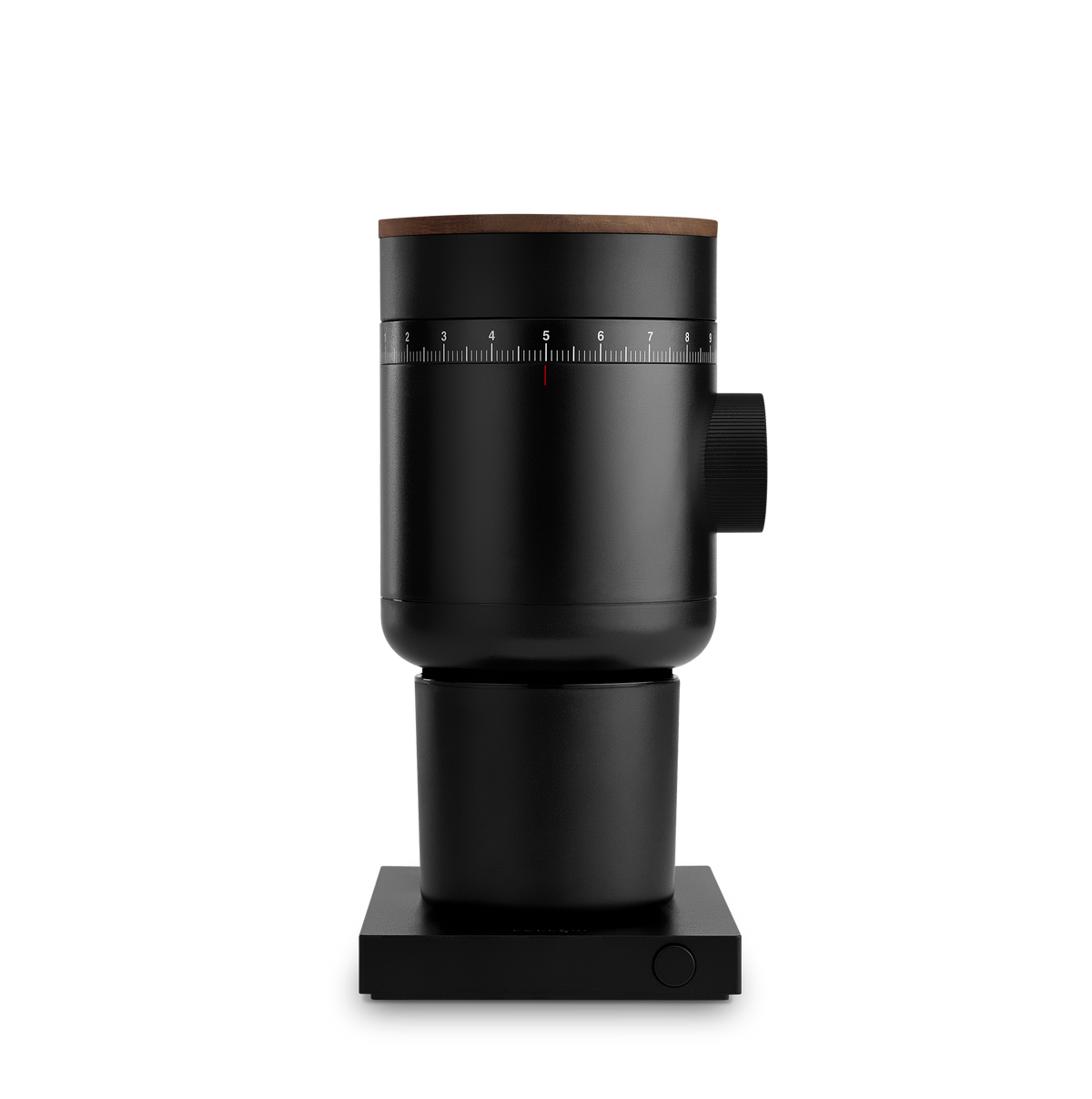 Fellow Opus 2 Conical Burr Grinder in Marine Blue & Walnut with numbered dial on square base.