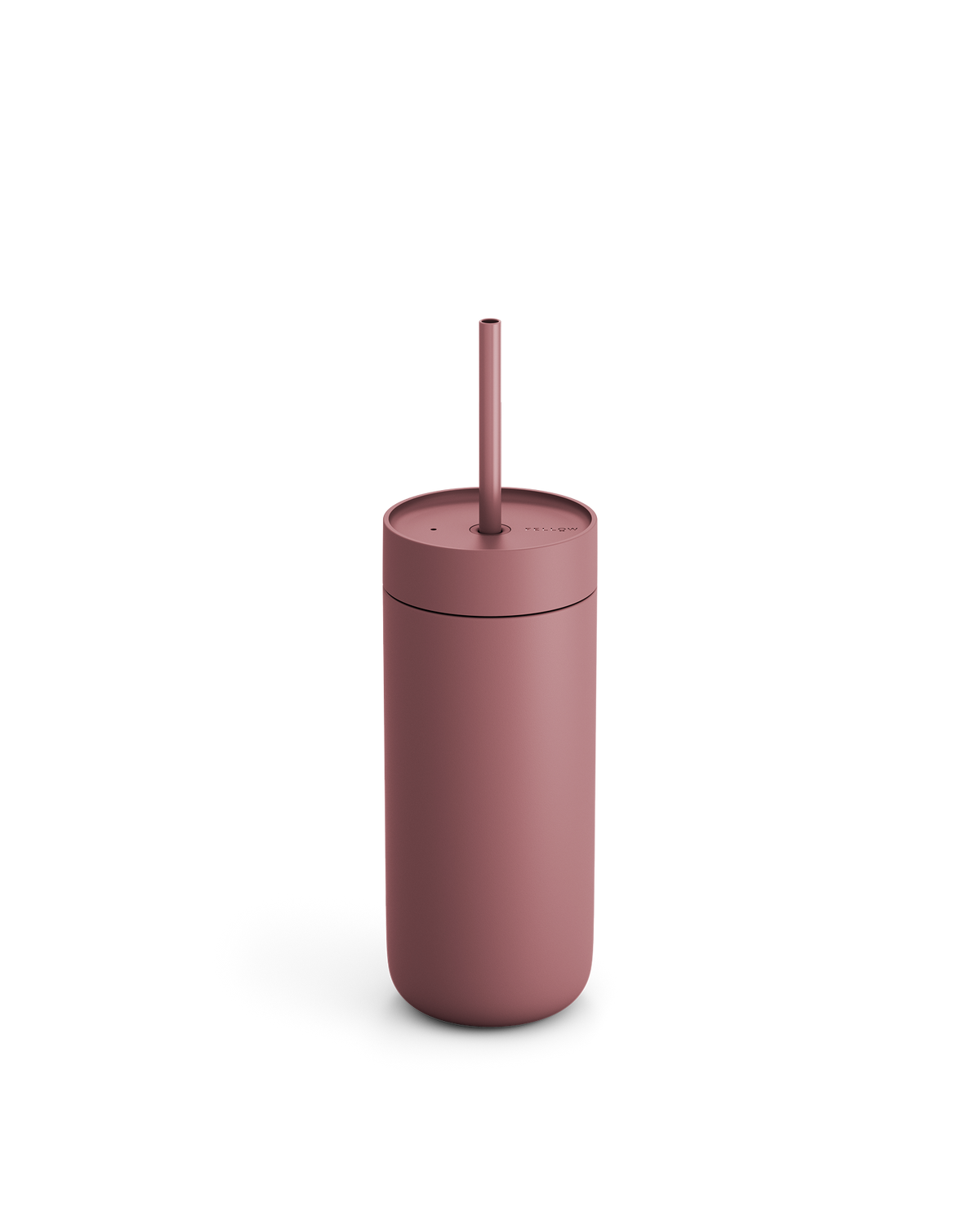 Fellow Carter Cold Tumbler: matte pink cup with matching lid and straw on white background.