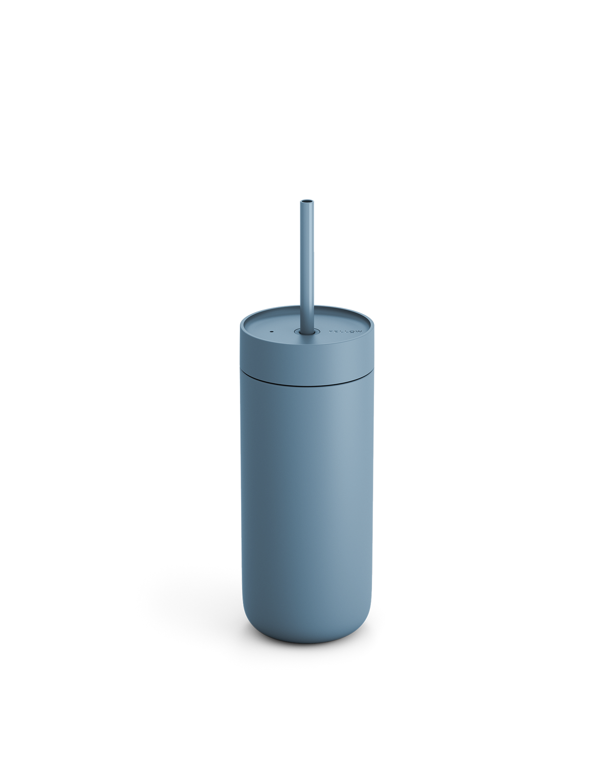 Fellow Carter Cold Tumbler in matte blue with lid and straw, on a plain white background.