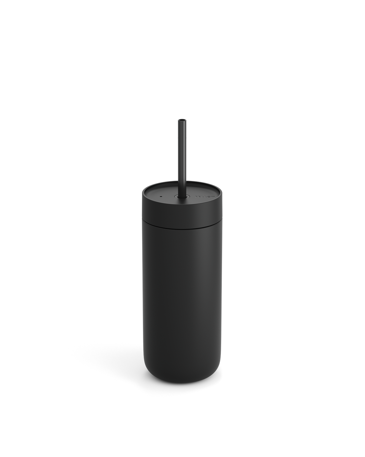 Fellow Carter Cold Tumbler in matte black with lid and straw on a white background.